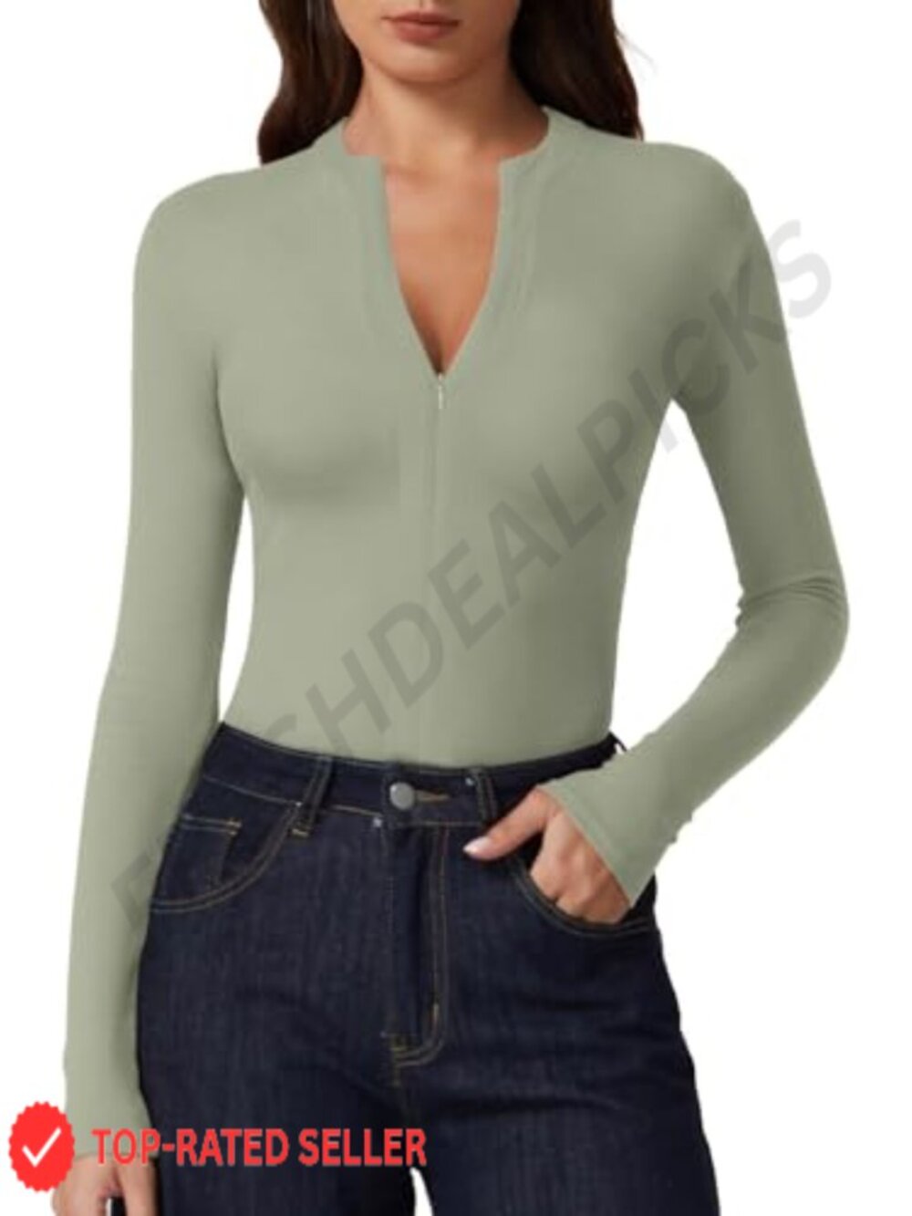 Women's Ribbed Knit Half Zip V Neck Long Sleeve T-Shirt Top
